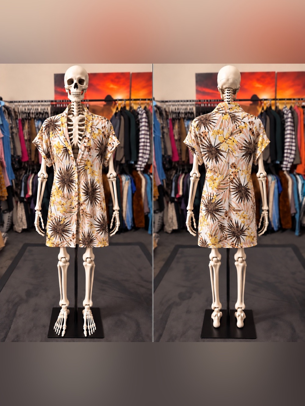 Dress Forum Floral Short Sleeve Shift Dress in Yellow and Brown